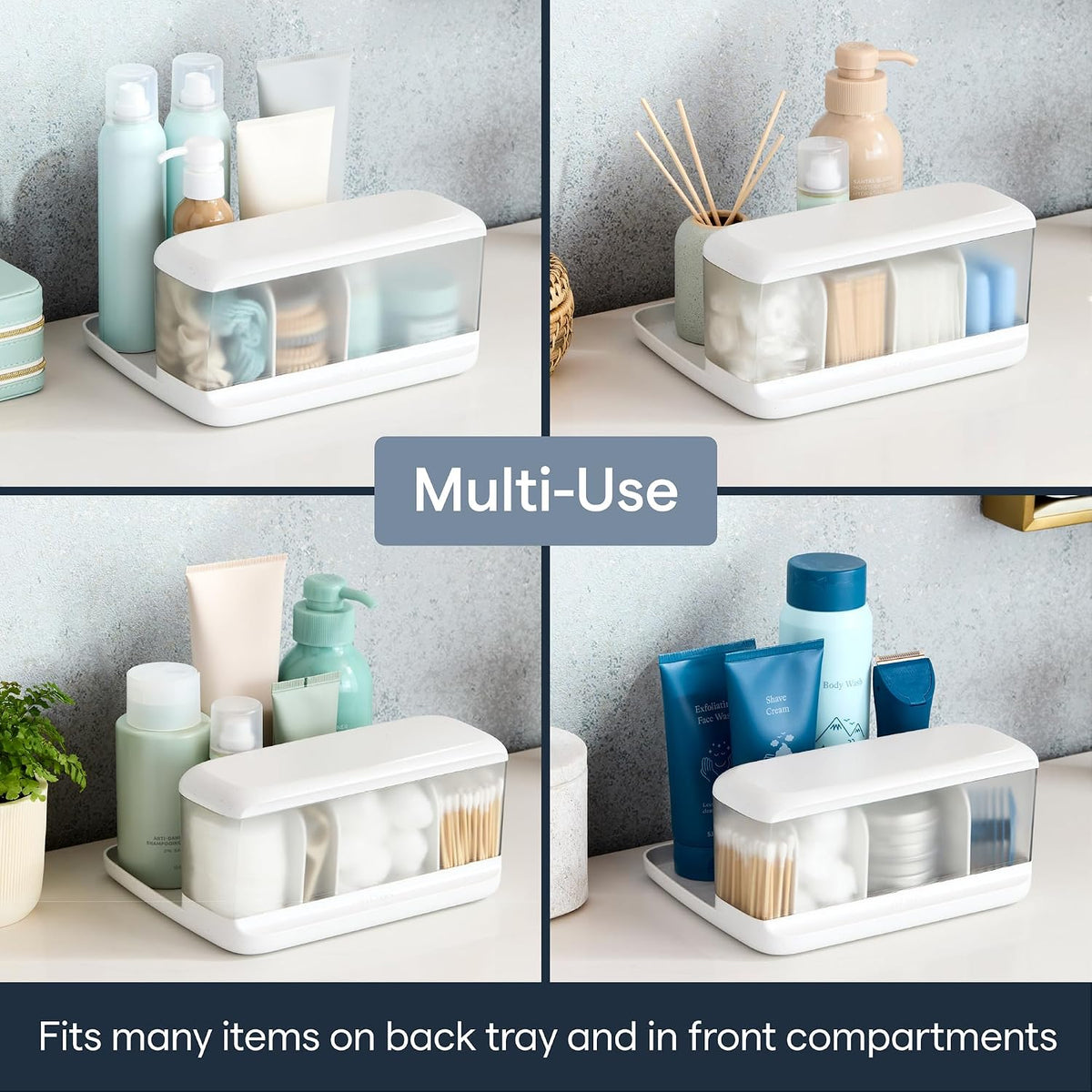 YouCopia HideAway Counter Caddy, Bathroom Vanity Countertop Organizer Tray with Adjustable Dividers and Lid