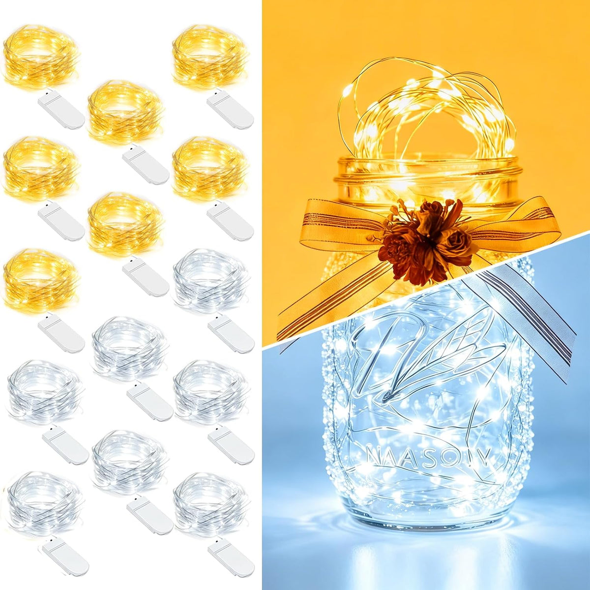 14 Pack Fairy Lights Battery Operated - 7ft 20 LED Twinkle Lights Copper Wire Mini String Lights Firefly Lights for Mason Jars DIY Crafts Christmas Centerpiece Table Decor, Warm White+Cool White