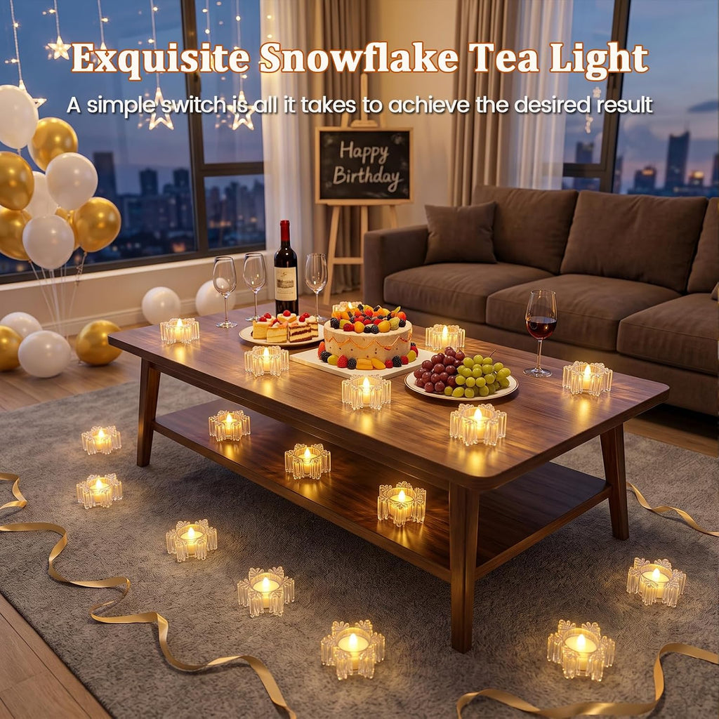 AVEKI 12 Pack Crystal Flameless Tea Lights Candles Battery Operated, Snowflake Flameless Tealight Candles for Halloween Christmas Wedding Party Home Decor (Snowflake)