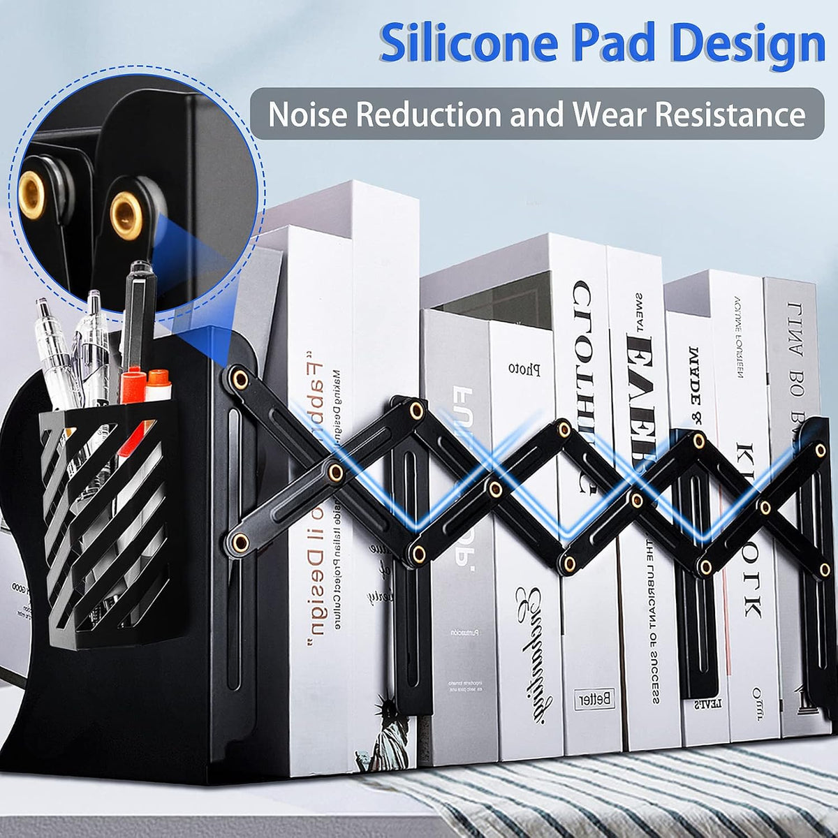 2PCS Heavy Duty Book Ends to Hold Books with Pen Holder, Adjustable Bookends, Metal Book Ends for Shelves, Black Book Holders Binder Organizer for Bookshelf Desk