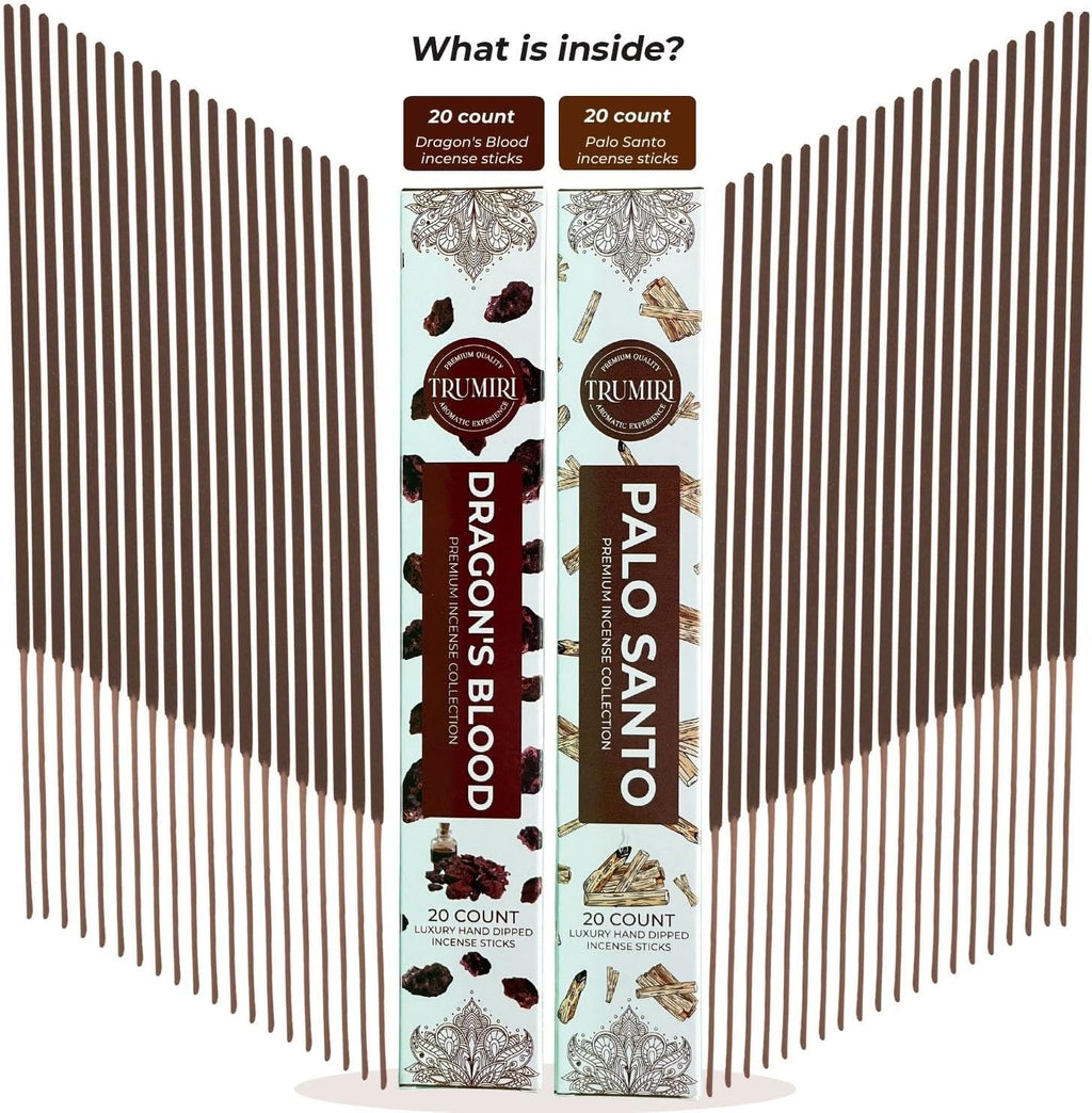 Trumiri Incense Sticks - Combo Pack of 40 Insence-Sticks - 20 Dragons Blood + 20 Palo Santo - Insenses - Insents - Incents - Inscense - Incence - Incienso - All Natural Incense Sticks