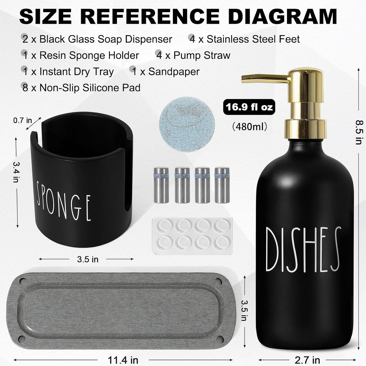 Hand and Dish Soap Dispenser Set, Kitchen Soap Dispenser Set with Sponge Holder, Black Glass Dish Soap Dispenser for Kitchen with Gold Pump, Instant Dry Tray, 17 fl oz Farmhouse Kitchen Decor