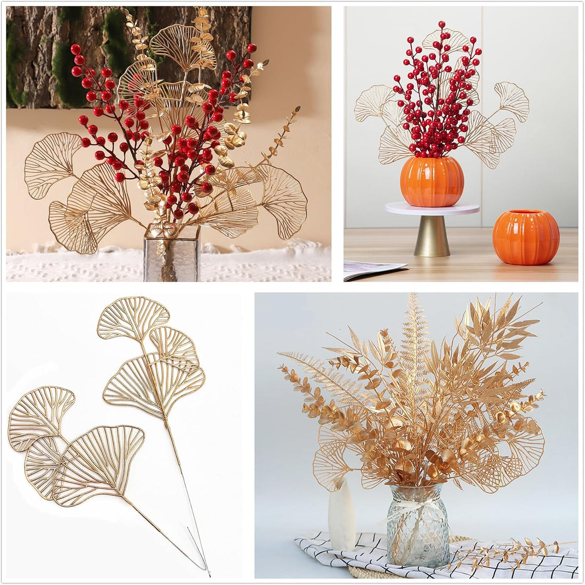 Fake Gold Ginkgo Leaves Stems 14 Inch 12 Pack, Artificial Golden Apricot Leaves Faux Apricot Leaf Stem Glitter Picks Bushes Faux Plants Decor Simulation Plant for Indoor Home Wedding Party Decoration