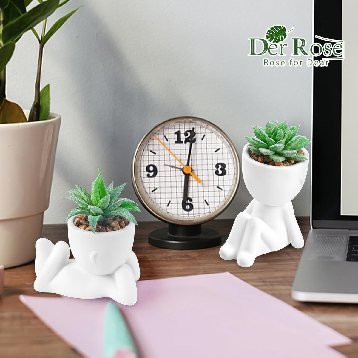 Der Rose 2 Pack Fake Succulents in White Human Pots for Desk Decor