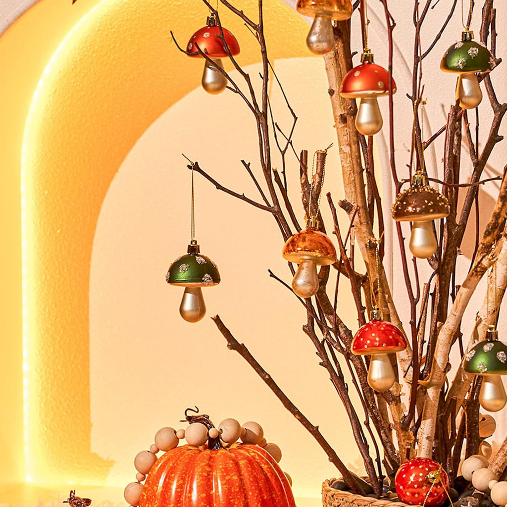 JORNOY Fall Ornaments for Tree, Shatterproof Plastic Harvest Decorations with Hanging String, Rustic Balls Baubles Bulk for Thanksgiving Home Decor, 25 Pack, Mushroom