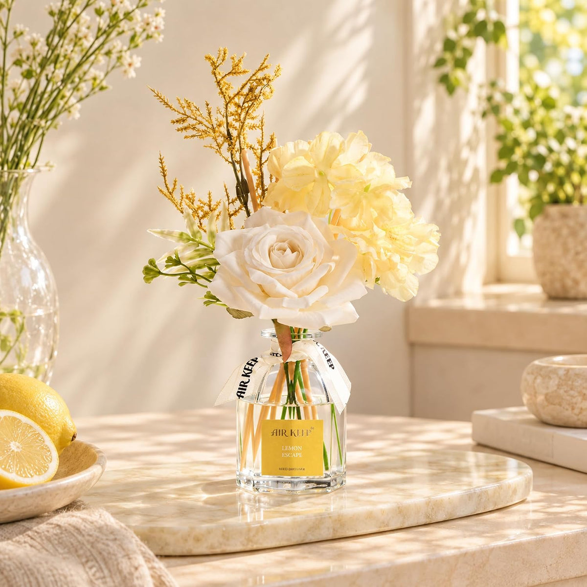 Airkeep Lemon Escape Flower Reed Diffuser Set, 4.06 fl oz