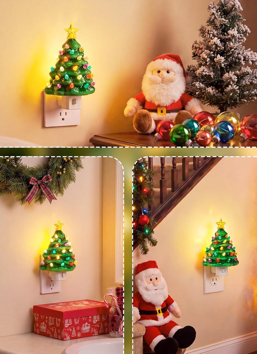 Minetom 2 Pack Green Ceramic Christmas Tree Night Light Plug in Wall Decor