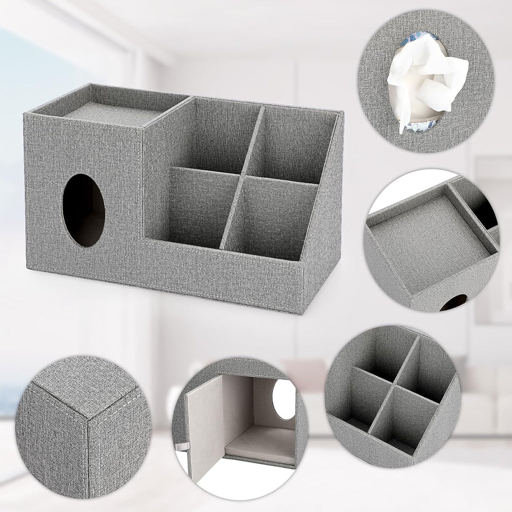 Sumnacon Square Linen Tissue Box Cover with Side and Top Organizer, Grey