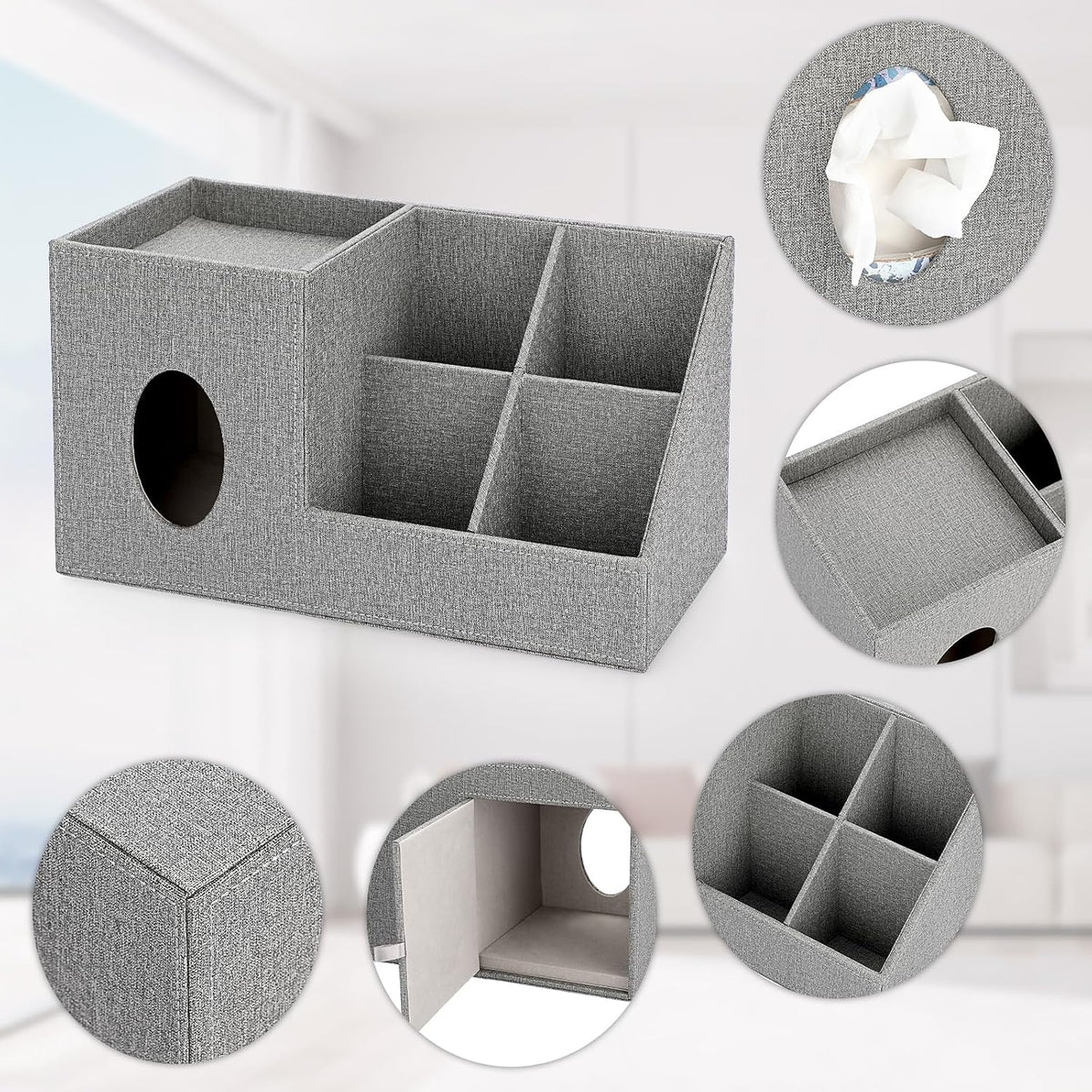 Sumnacon Square Linen Tissue Box Cover with Side and Top Organizer, Grey