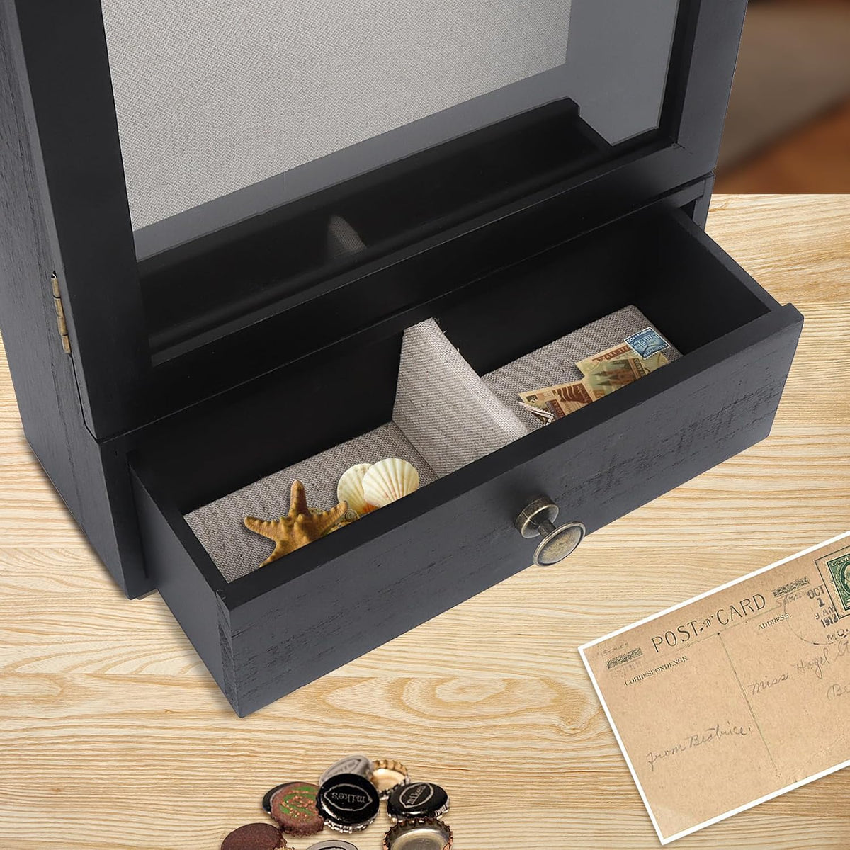 Butizone Shadow Box Frame, 3.2” Deep Shadow Box Display Case with Real Glass and Drawer, Rustic Wood Memory Boxes for Pictures, Flowers, Memorial, Medals, Wedding Bouquet for Wall or Tabletop, Black