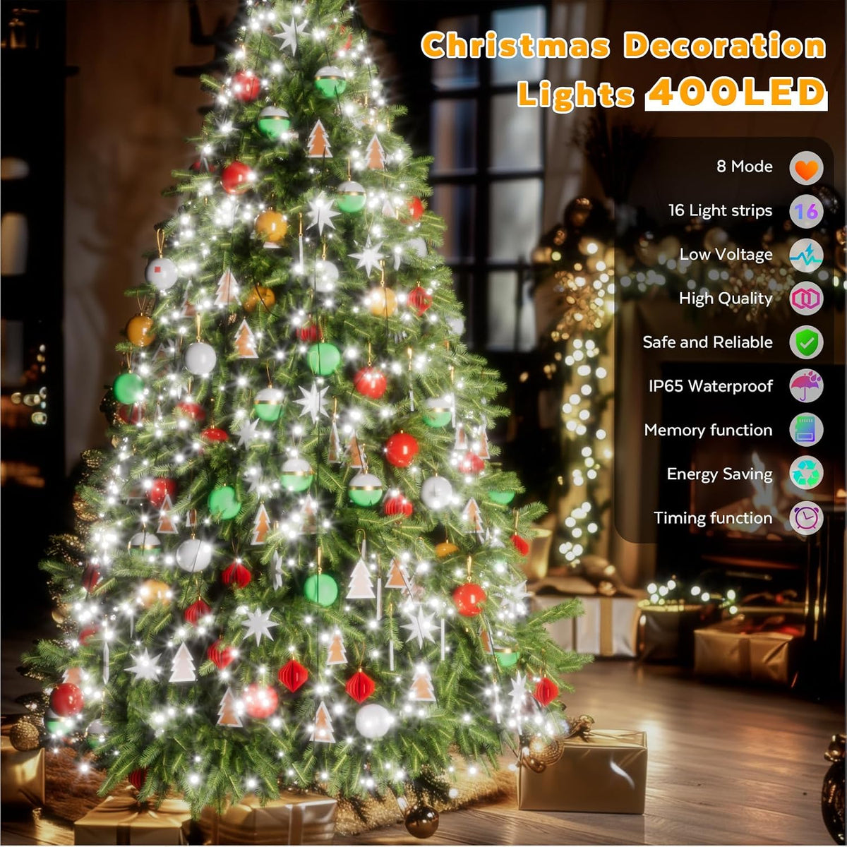 Christmas Tree Lights, 400 LED 8.2Ftx16 Line String Lights Plug in, Cascading Twinkle Lights for Xmas Tree with Timer Memory Function 8 Modes for Indoor Outdoor Wedding Party Decoration (White Light)