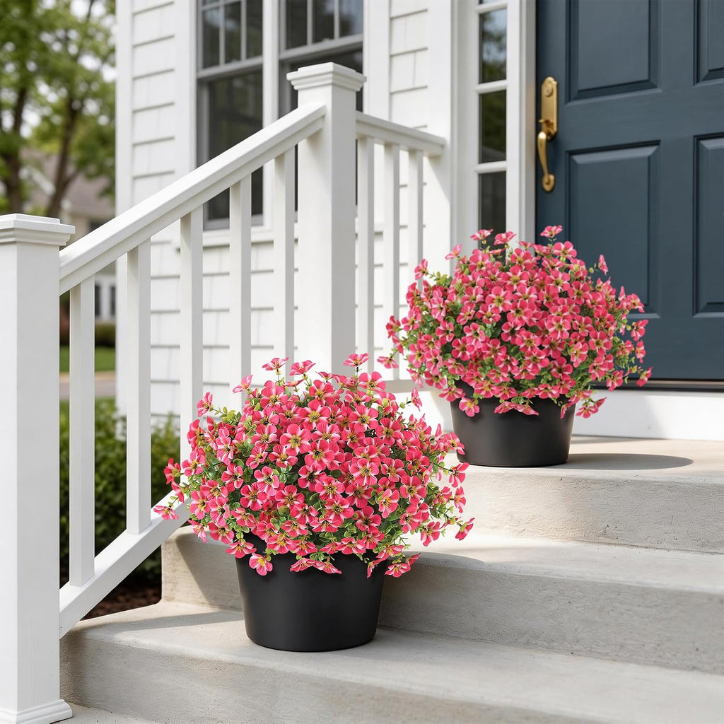 2 Pcs Artificial Flowers & Eucalyptus Topiary Trees for Porch (Rose Red)