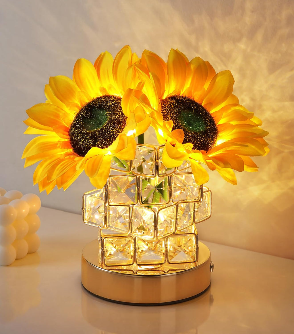 Handmade Sunflower Lamp, Rechargeable Cordless Touch Table Lamp, 3-Colour Infinitely Dimming Small Night Light, Festival Restaurant Bedroom Bar Coffee Shop Birthday Gifts for Women Mom, 2 Sunflowers