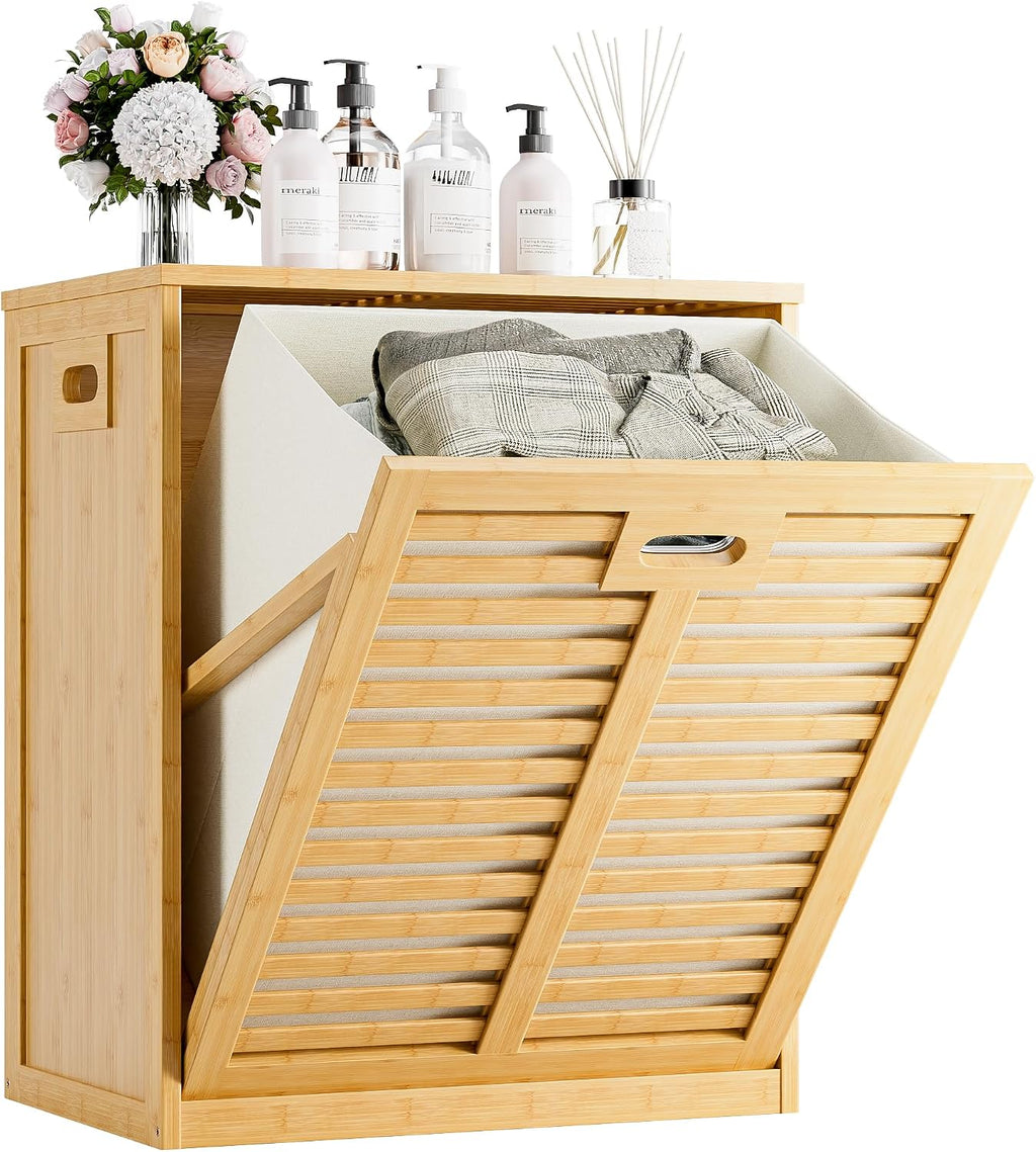 HITNET Tilt Out Laundry Hamper, Bamboo Laundry Cabinet with Hidden Removable Basket, Freestanding Clothes Storage organizer for Bedroom, Bathroom, Living Room, Natural