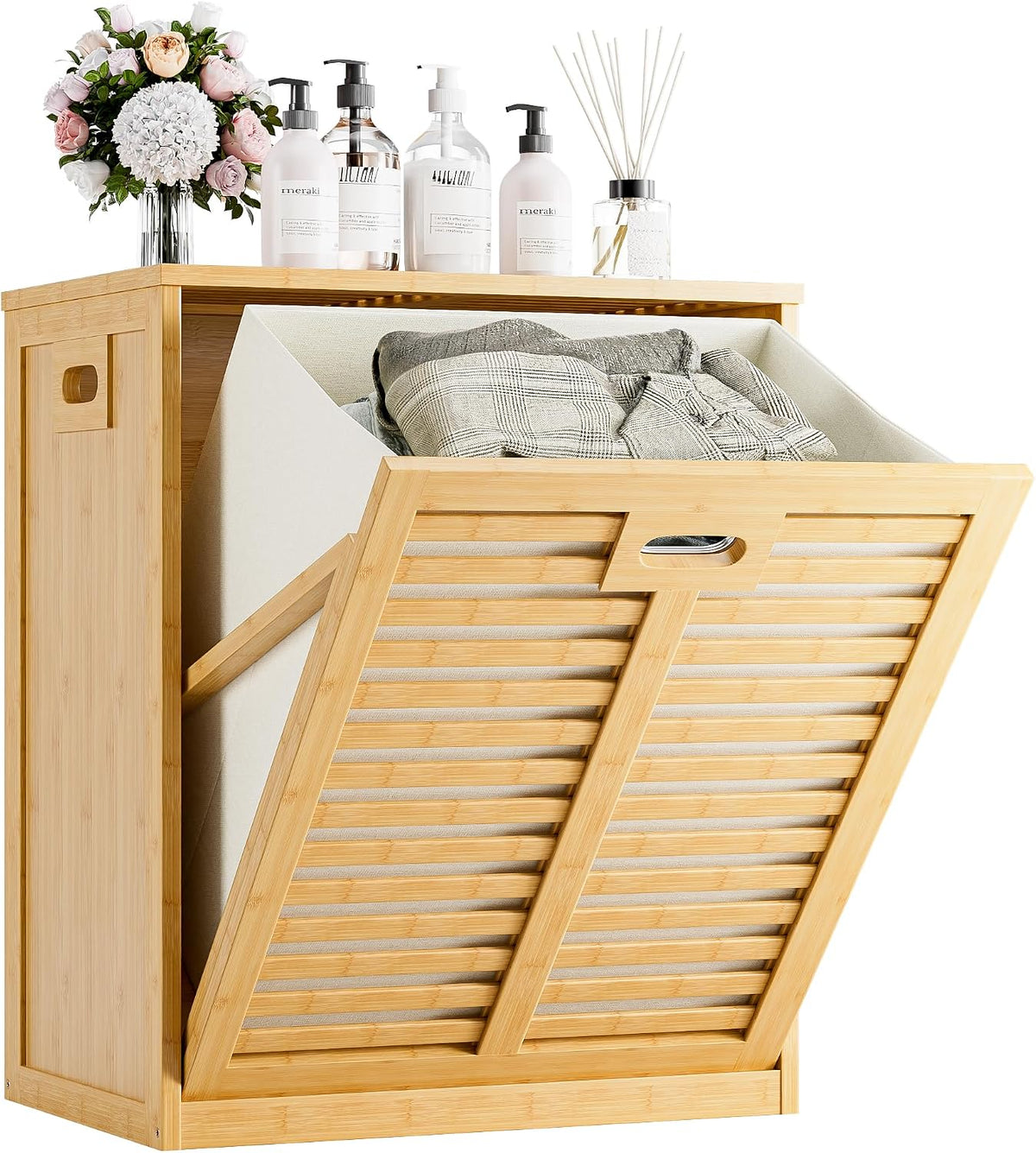 HITNET Tilt Out Laundry Hamper, Bamboo Laundry Cabinet with Hidden Removable Basket, Freestanding Clothes Storage organizer for Bedroom, Bathroom, Living Room, Natural