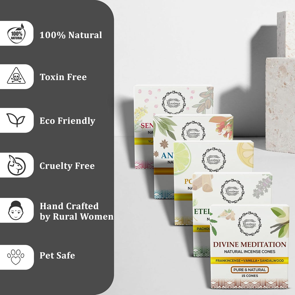 Raajsee Natural Incense Cones,6 Pack Mixed Scents Gift Pack 15 pc Each (90 Total), Insense Cones Variety Pack, 100% Organic Non Toxic Natural - Hand Rolled Free from Chemicals (Pack 3)