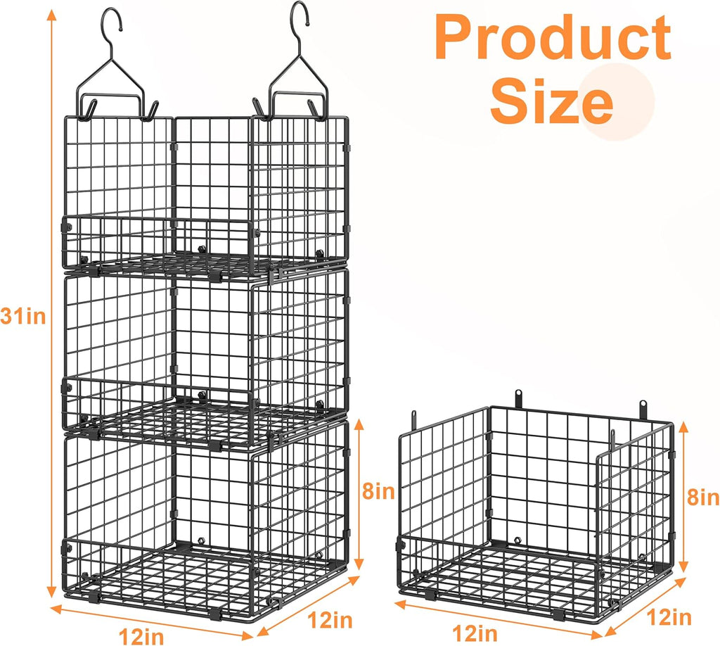 Sonyabecca 3-Tier Closet Organizers and Storage, Foldable Stackable Wire Basket Bins with 5 S Hooks, Space-Saving Hanging Closet Shelf for Clothing, Sweaters, Handbags, Hats,Purse
