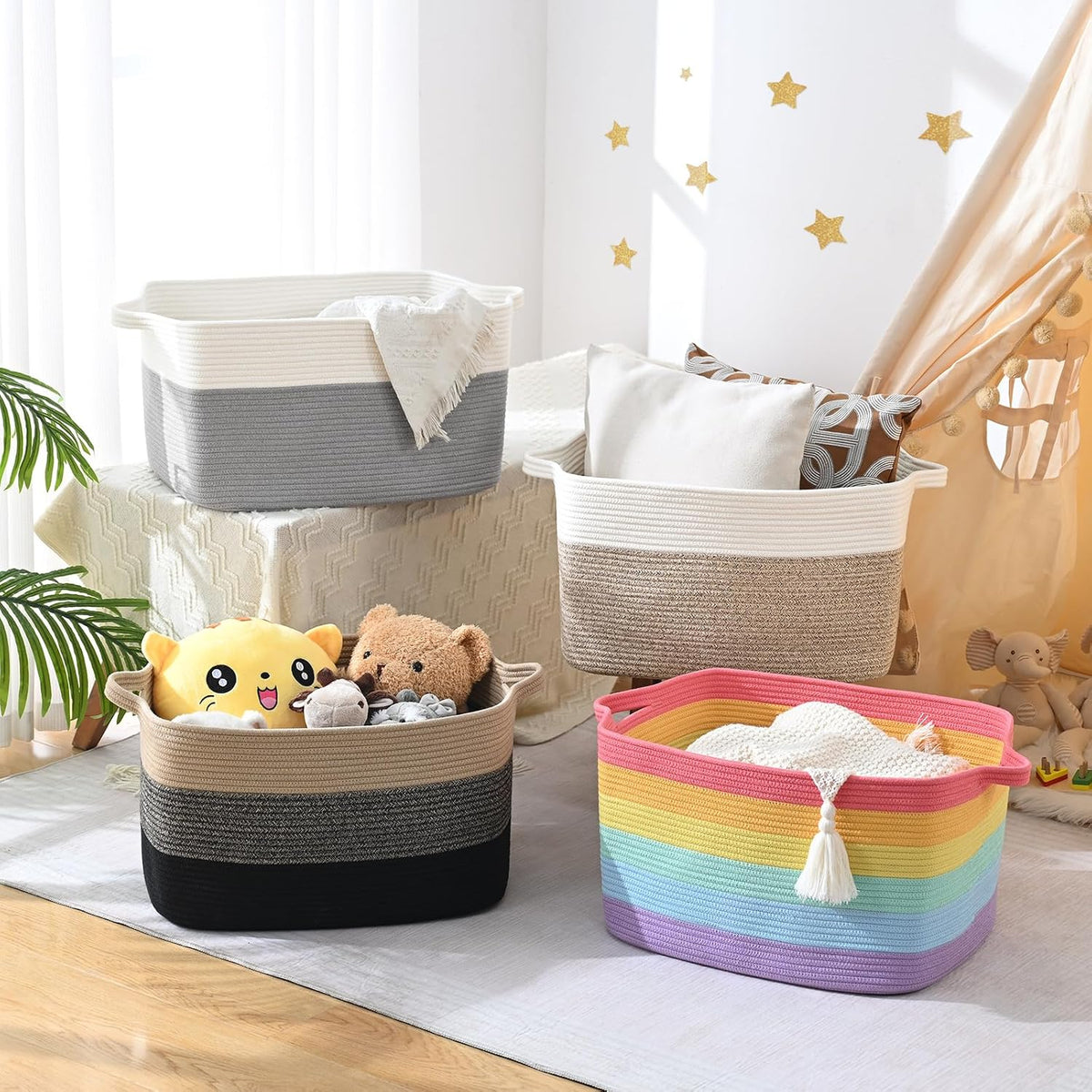 Large Blanket Basket, 100L Storage Baskets for Organizing, Woven Laundry Basket for Blankets, Cotton rope Blanket Storage for Living Room, Nursery Room, 24.8" L x 15.74" W x 15.74" H, Brown