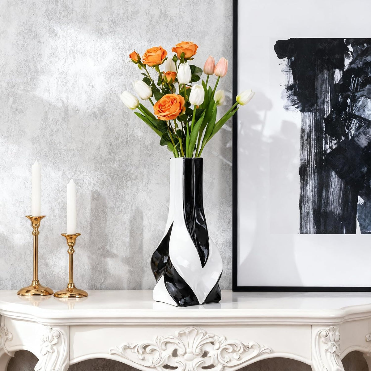 10.6" Black and White Ceramic Vase, Modern Geometric Flower Vase for Dining Table Centerpiece, Elegant Decorative Vase for Pampas Grass, Living Room, Bedroom, Office, Tabletop Decoration