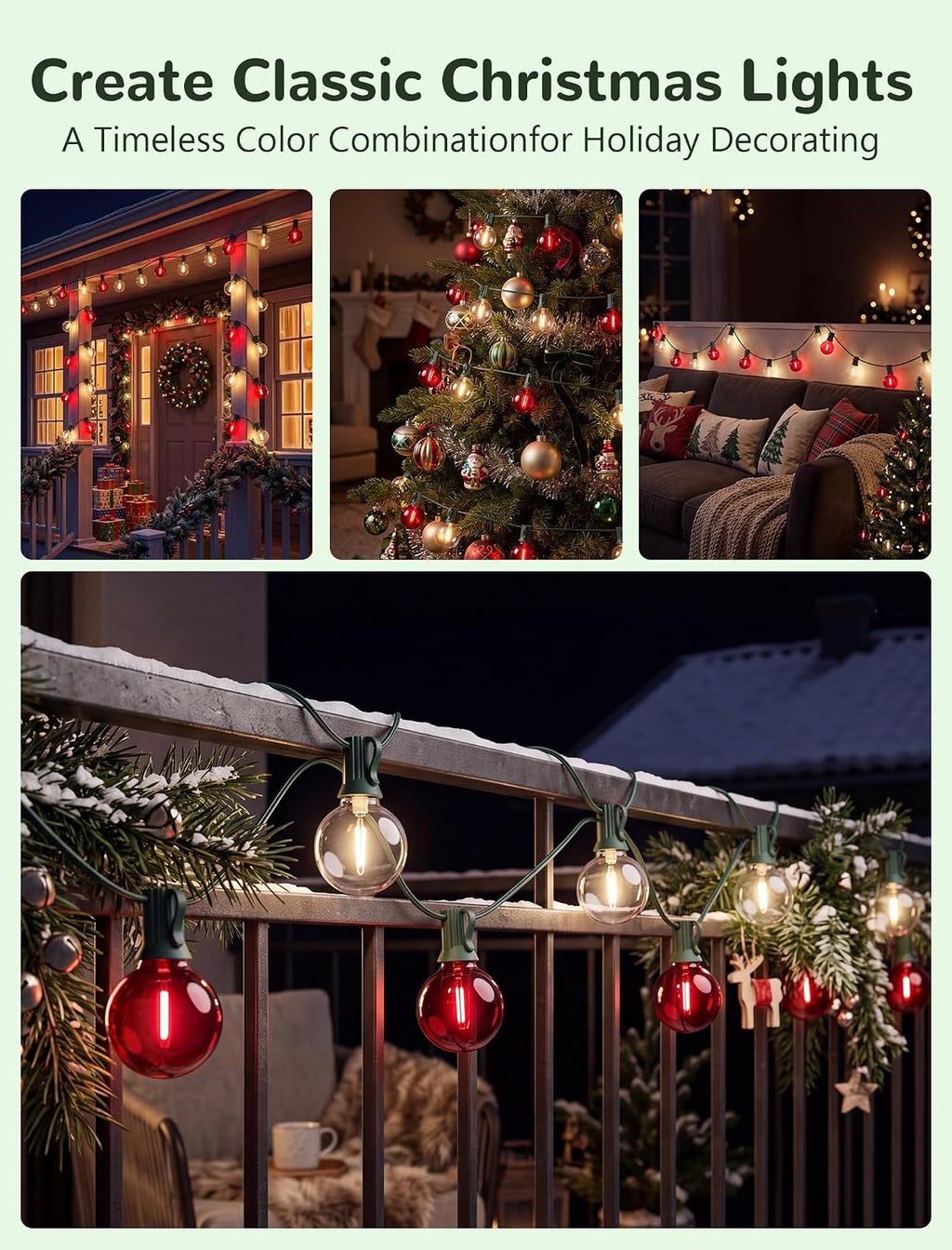 50FT LED G40 Red and White Christmas String Lights Outdoor, 27 Globe Bulbs