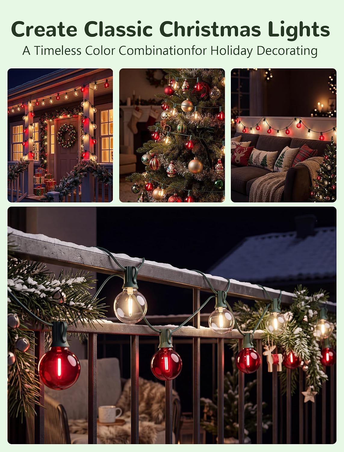 50FT LED G40 Red and White Christmas String Lights Outdoor, 27 Globe Bulbs