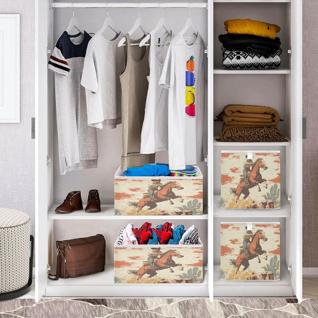 Cowboy Wild West Storage Cubes 11x11 Inch Foldable Fabric Bins with Handle for Storage and Organization, Ideal Storage Bins for Closet Shelves