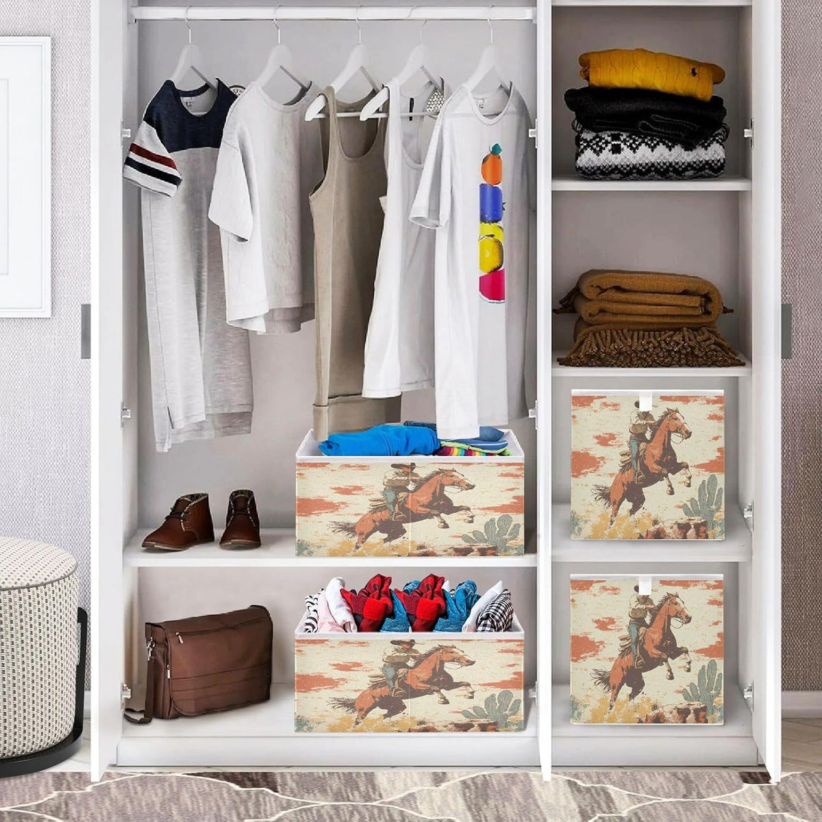 Cowboy Wild West Storage Cubes 11x11 Inch Foldable Fabric Bins with Handle for Storage and Organization, Ideal Storage Bins for Closet Shelves