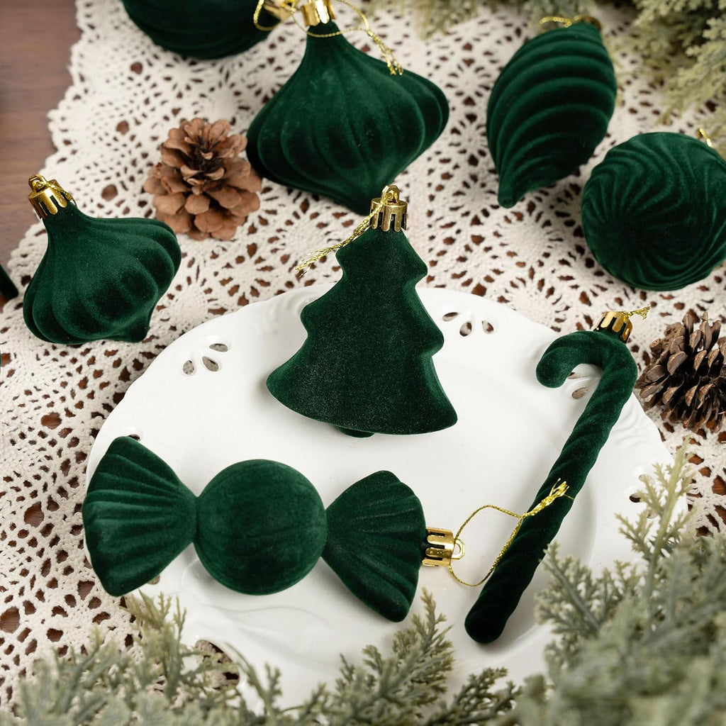 30PCS Green Velvet Christmas Ornaments Set,Flocked Ornaments Balls for Tree