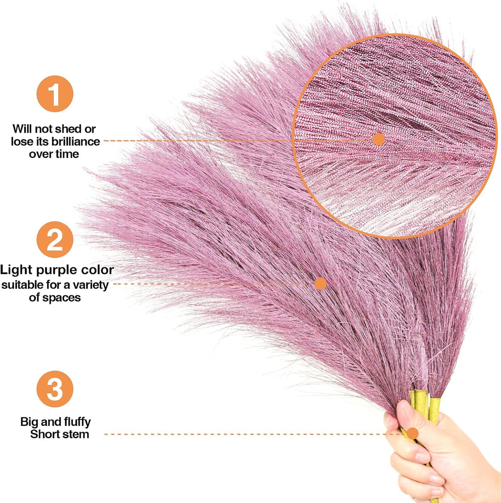Faux Pampas Grass, 6 Stems Artificial Pampas Grass Decor Flurry Pompous Grass for Small Vase Boho Home Decor/Wedding Arrangements/Rustic Decor 18''/45cm (Light Purple)
