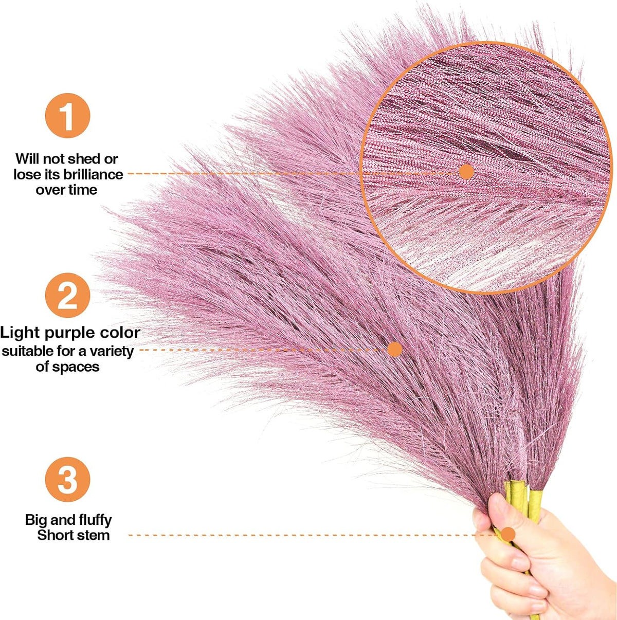 Faux Pampas Grass, 6 Stems Artificial Pampas Grass Decor Flurry Pompous Grass for Small Vase Boho Home Decor/Wedding Arrangements/Rustic Decor 18''/45cm (Light Purple)