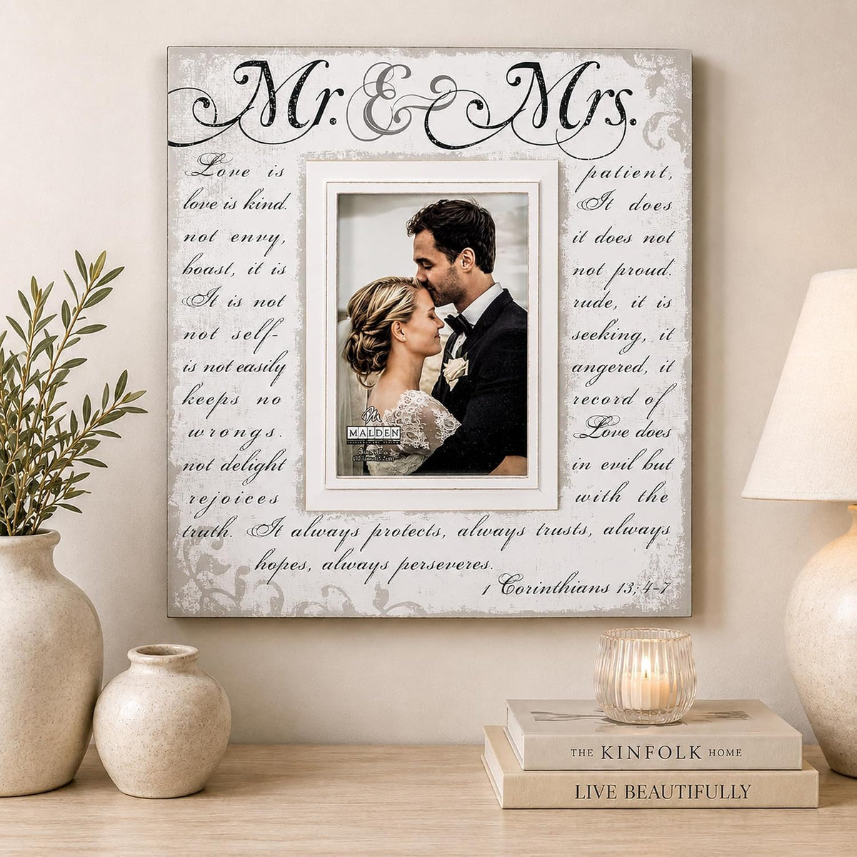 Malden International Designs Corinthians Verse Mr & Mrs Picture Frame, 5x7, Off White