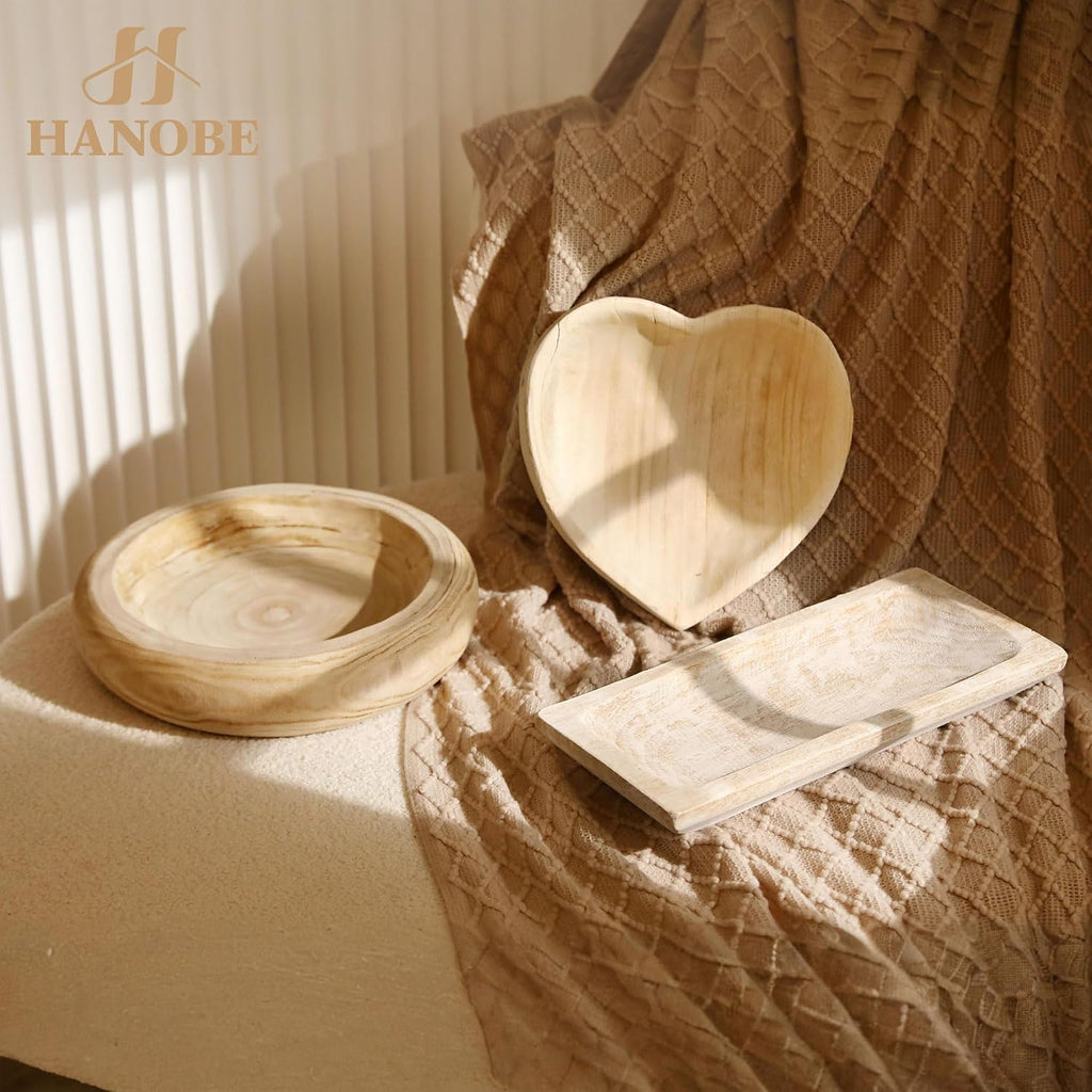 Hanobe Solid Wooden Decorative Bowl for Coffee Table Entryway Decor, White