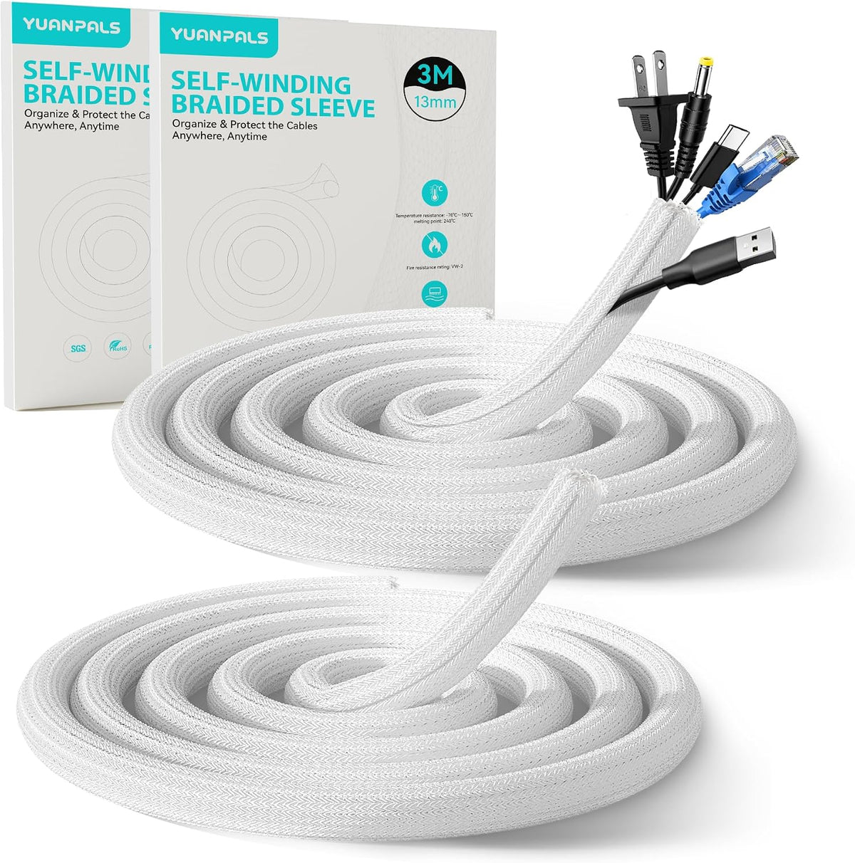 2 Pieces YuanPals 13mm-3m Cable Sleeve, Self-Closing Black for PC/TV, Woven Cable Sheath, Cable Management for Home, Office (2 Pieces White)