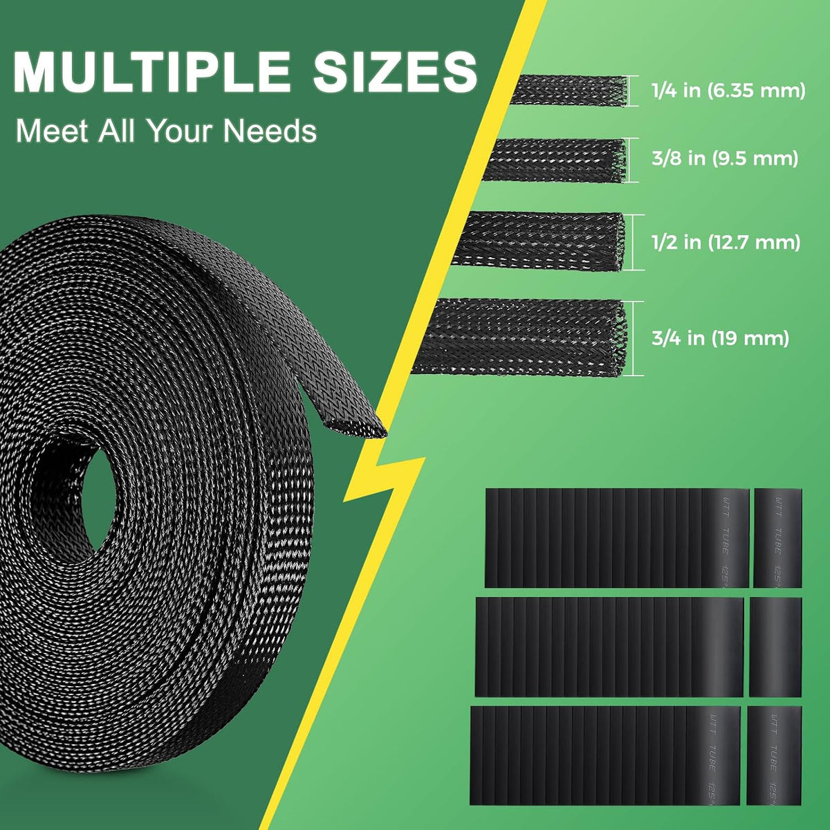 132 ft Expandable Braided Cable Sleeve Wire Loom PET Wiring Sleeving, Mesh Automotive Split Sheathing Wrap Management Heat Shrink for Audio and Other Home Device (1/2 in, 1/4 in, 3/8 in,3/4 in,Black)