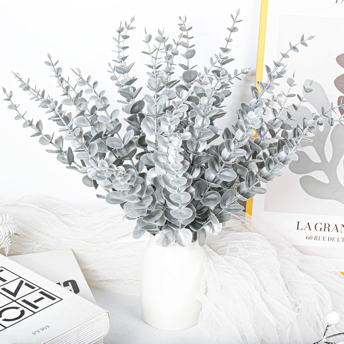 RECUTMS 36Pc Artificial Silver Eucalyptus Leave Stems 14.6in Christmas Pick