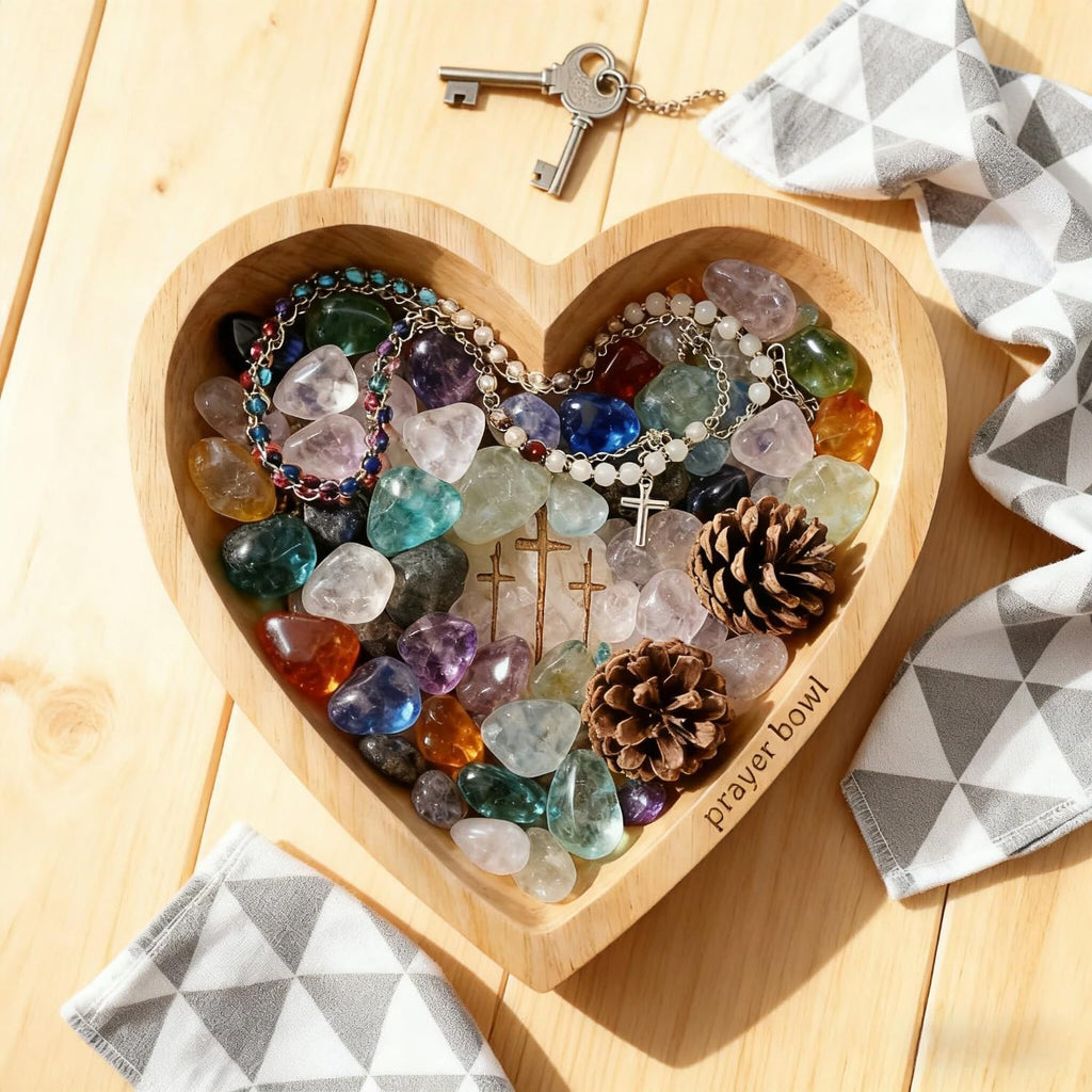 Wooden Prayer Bowl with 24 Cards & Pine Cross, Heart Shaped Christian Premium Solid Heart Container Love Bowl for Home Decor Religious Christmas Men Women Gifts(420g)