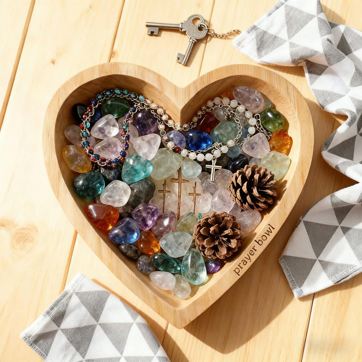 Wooden Prayer Bowl with 24 Cards & Pine Cross, Heart Shaped Christian Premium Solid Heart Container Love Bowl for Home Decor Religious Christmas Men Women Gifts(420g)