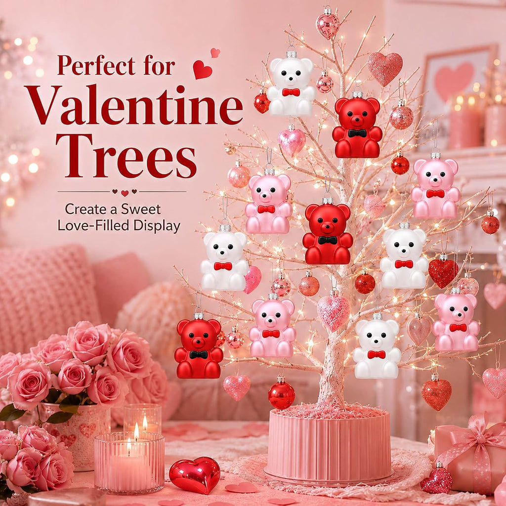 Set of 12 Valentines Tree Decorations, Bear Ornaments for Valentine Tree, Small Red Pink White Ornaments for Christmas Tree, Plastic Hanging Decorations for Party Wedding Anniversary Decor