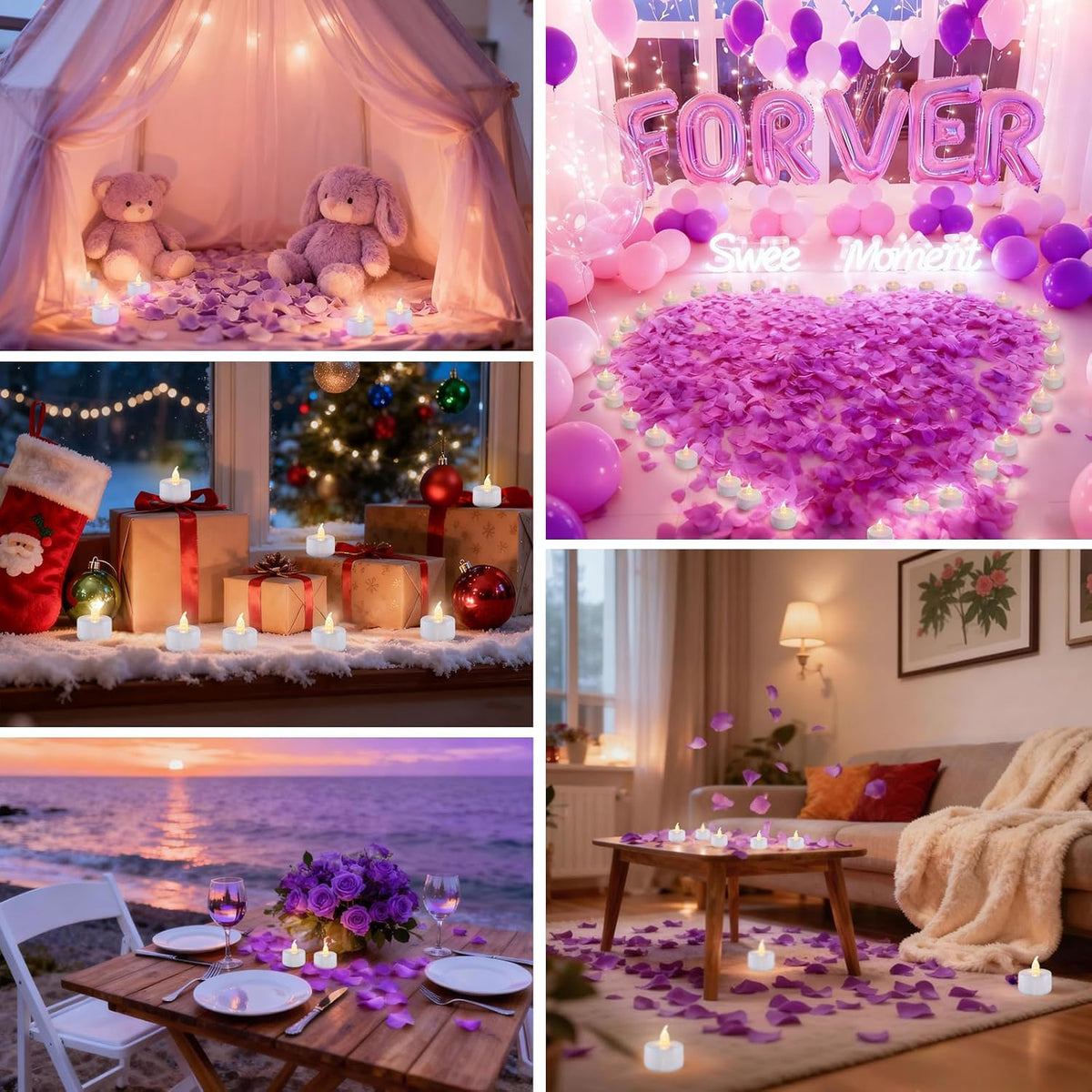 500Pcs Rose Petals with 12 LED Tea Lights Candles Set, Purple Artificial Rose Petals and Flameless Candles Set for Anniversary, Valentine's Day, Wedding Christmas Decor