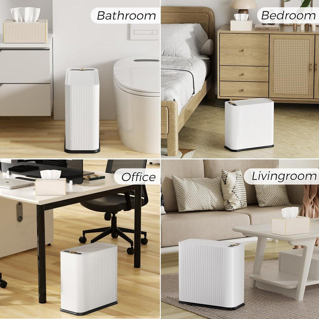 Bathroom Trash Can with Lid and Tissue Box Cover Set 13 L/ 3.5 Gallon White Trash Can with Pop-Up Lid Small Garbage Can for Bathroom Bedroom Office Kitchen