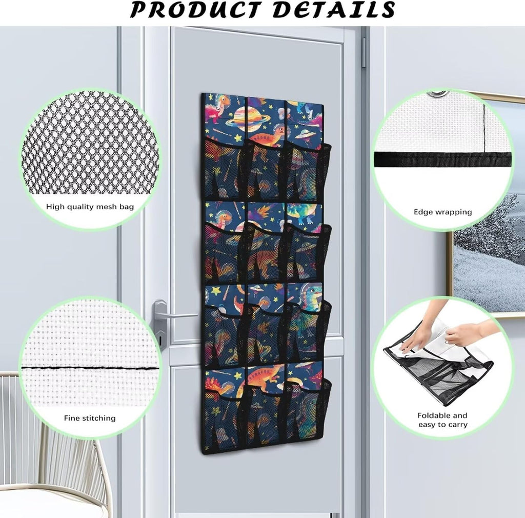 Dinosaurs Over the Door Shoe Organizer Space Saving Hanging Shoe Rack Holder with 12 Pockets Large Capacity Behind the Door Storage for Classrooms, Bedrooms, Dormitories