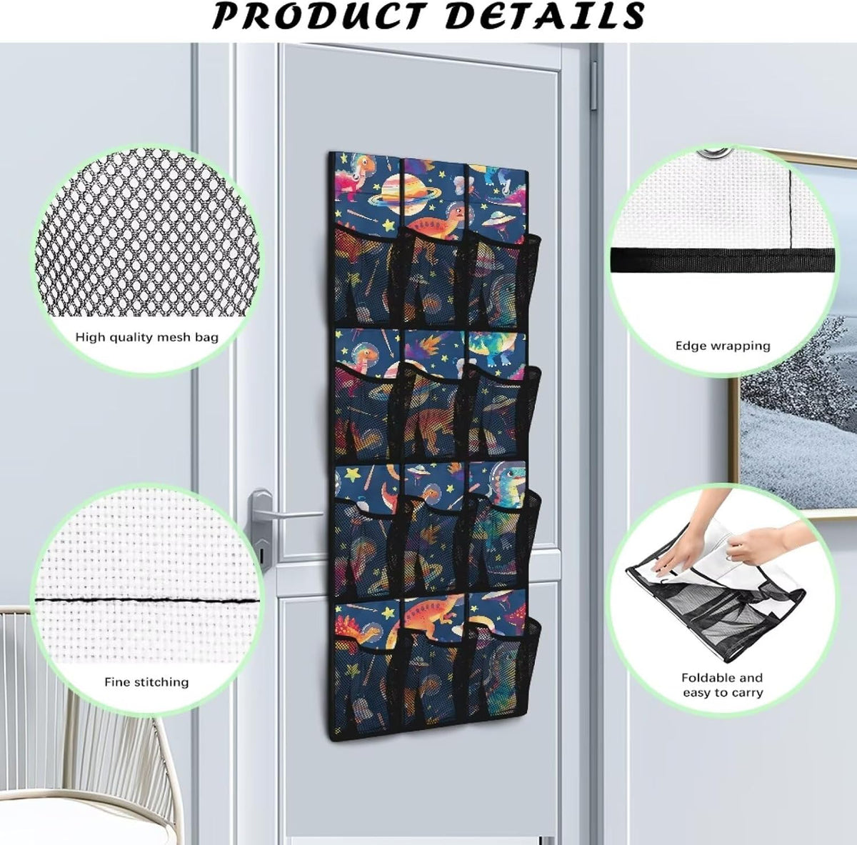 Dinosaurs Over the Door Shoe Organizer Space Saving Hanging Shoe Rack Holder with 12 Pockets Large Capacity Behind the Door Storage for Classrooms, Bedrooms, Dormitories