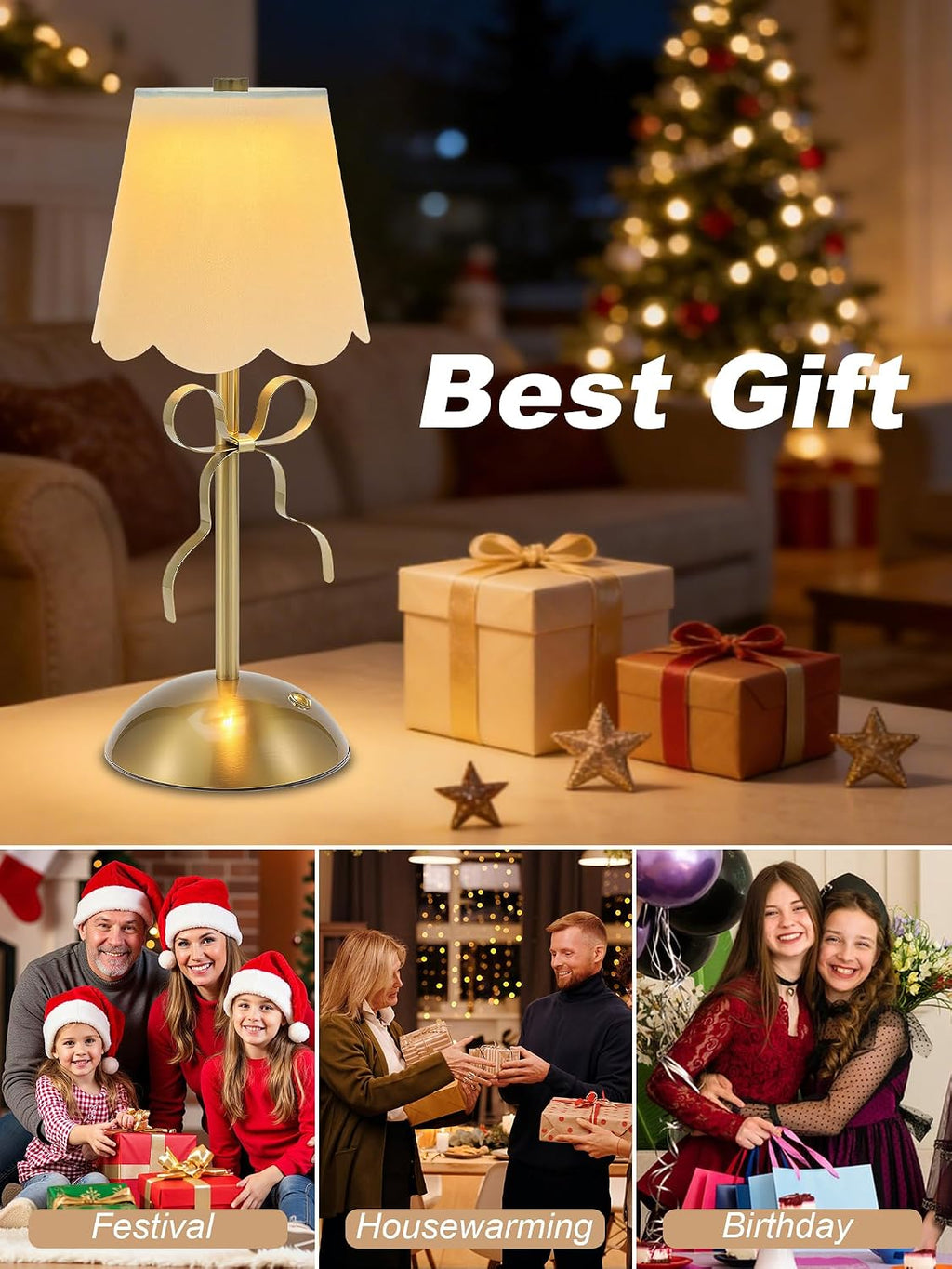 Cordless Small Table Lamp,Cute LED Desk Lamp,Gold Bow Lamp