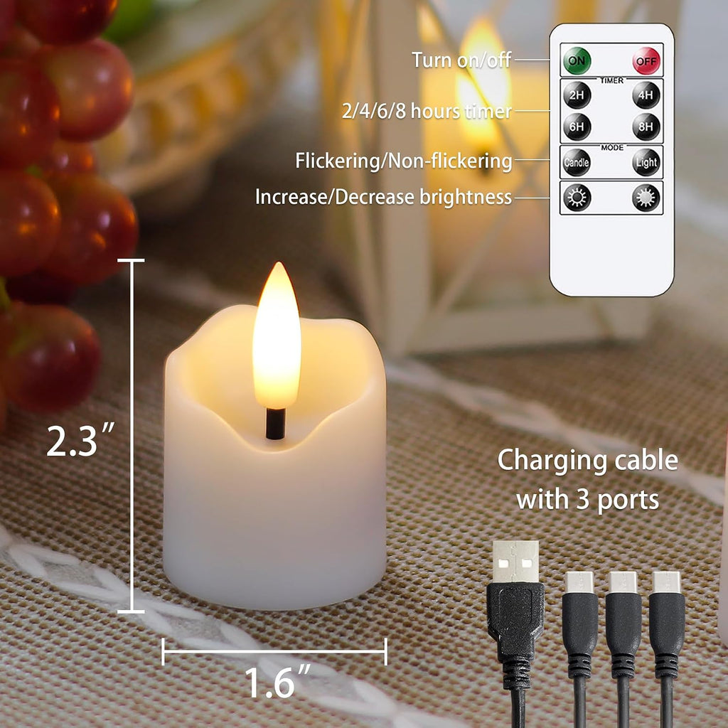 Rechargeable Flameless LED Remote 1.6" x2.3" Tea Light Candles,Flickering Fake Plastic White Cycle Timer 6 Pack Small Mini Votive Tealight Candles with Charging Cable