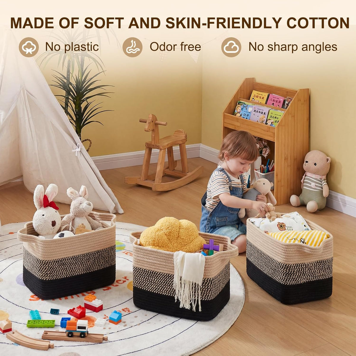 OIAHOMY Cotton Rope Storage Baskets for Organizing Black & Brown 3-Pack