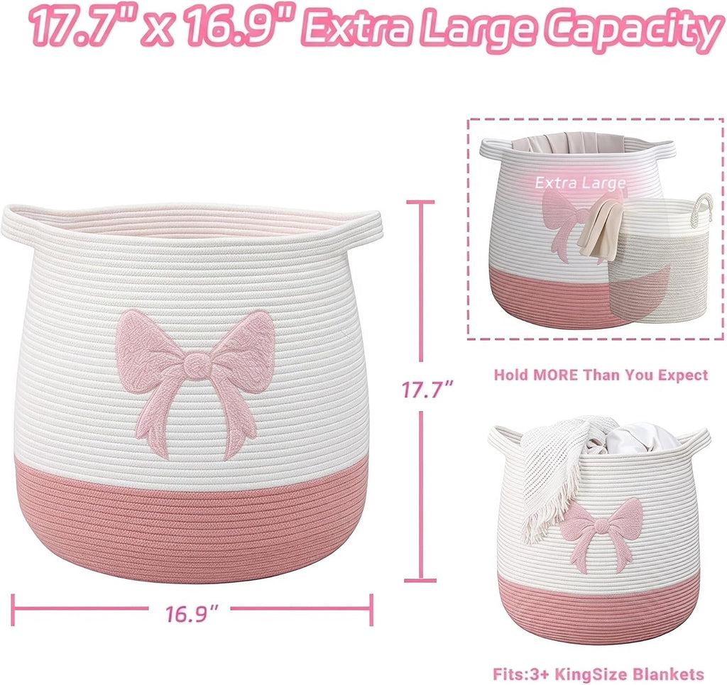 Large Cotton Rope Woven Storage Basket (17.7" x 16.9") - Decorative Round Laundry Hamper & Toy Organizer Bin with Handles for Nursery, Kid's Room and Blankets
