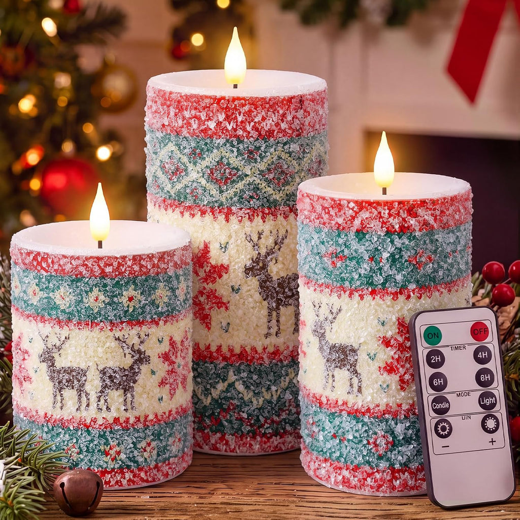 Retisee 3 Pcs Christmas Elk Knitted Sweater Flameless Candles 4" 5" 6"