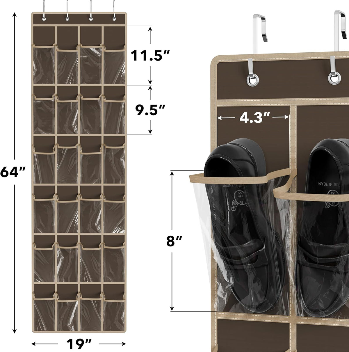 Simple Houseware 24 Pockets Clear Over the Door Shoe Organizer, Brown