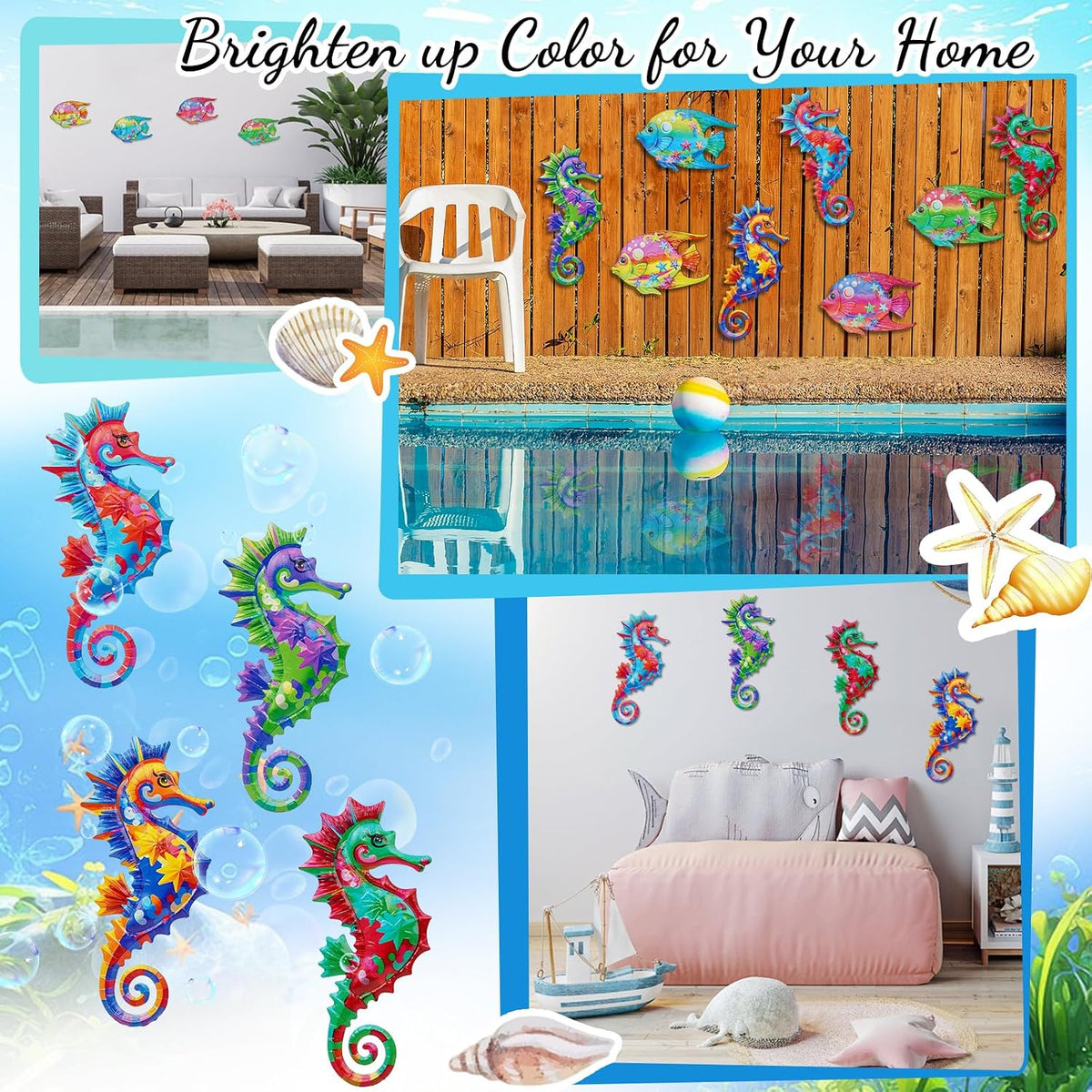 FaloStwer 4Pcs Metal Beach Wall Decor Art, 3D Lifelike Seahorse Wall Art Sculpture Hanging Decorations for Indoor Outdoor Garden Yard Living Room Bedroom Patio Balcony (Seahorse)