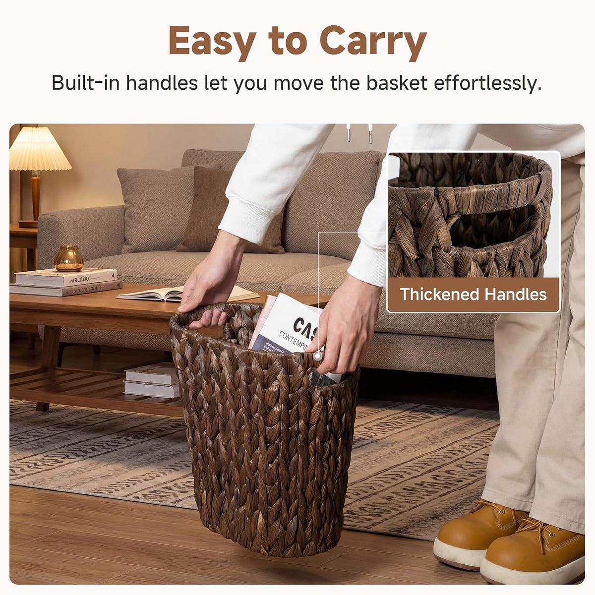 StorageWorks Wicker Trash Can, Wicker Waste Basket for Bathroom, Brown